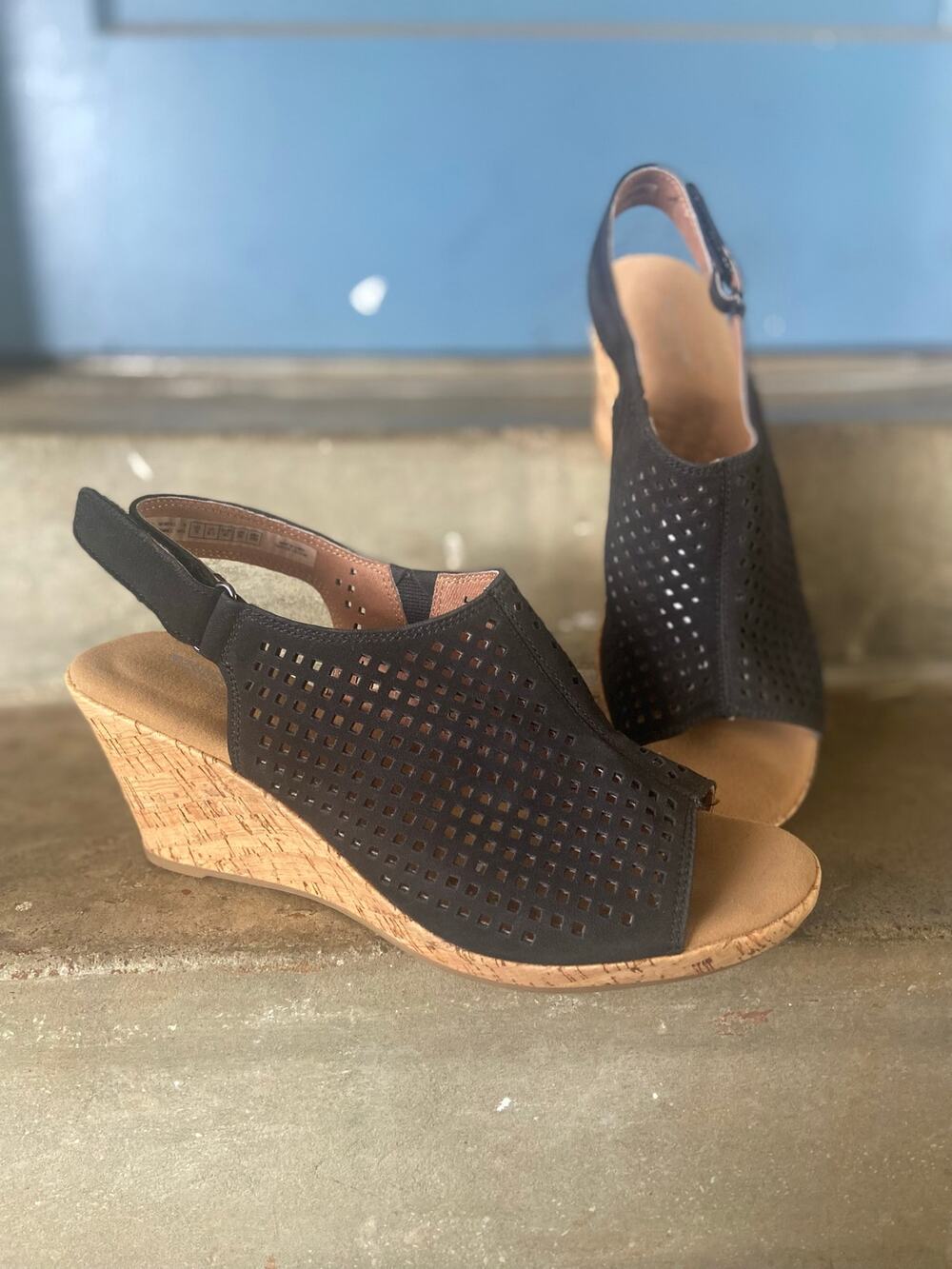 Rockport Briah black perforated suede wedge sandal with adjustable back strap